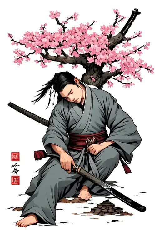 Sleeping Ronin With Katana Under A Large Pink Cherry Blossom Tree