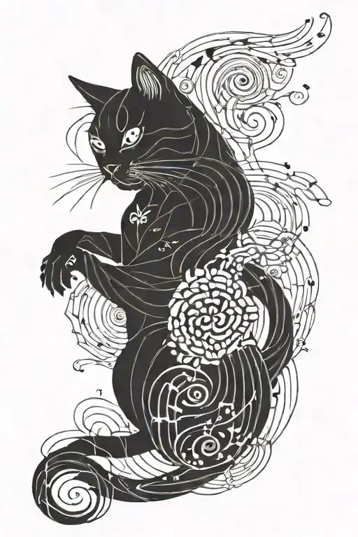 A Geometric Design Incorporating Musical Notes And A Cat Silhouette