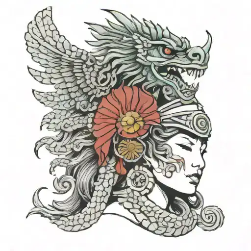 Quetzalcoatl Headdress On Japanese Warrior Woman Posing