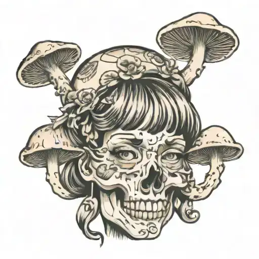 Woman With Bangs With Mushrooms Growing Out Of The Top Of Her Skull