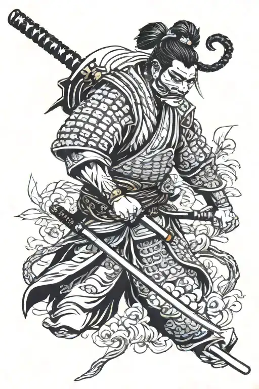 Samurai Wearing A Mask On The Tricep With A Katana Going Down The Elbow And Forearm