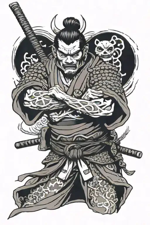 Samurai Wearing A Oni Mask On The Tricep With A Katana Going Down The Elbow And Forearm
