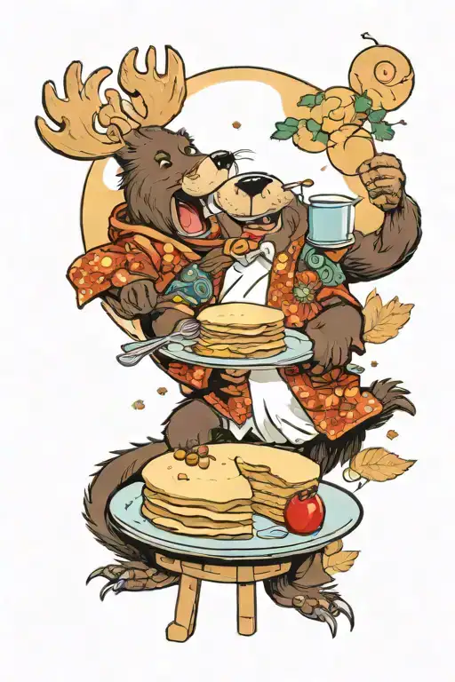 Moose And Beaver Are Enjoying Pancakes With Maple Syrup Under The Moon