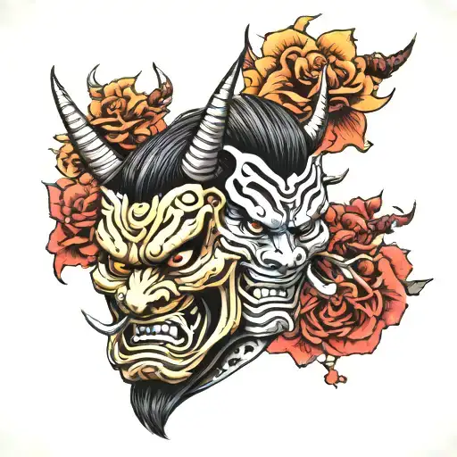 Half Samurai Face And Half Hannya Mask Face