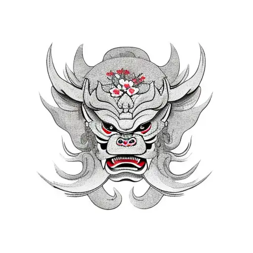 Oni Mask With Japanese Blossoms As Background
