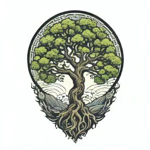 Tree Of Life With Japanese Sun In The Corner