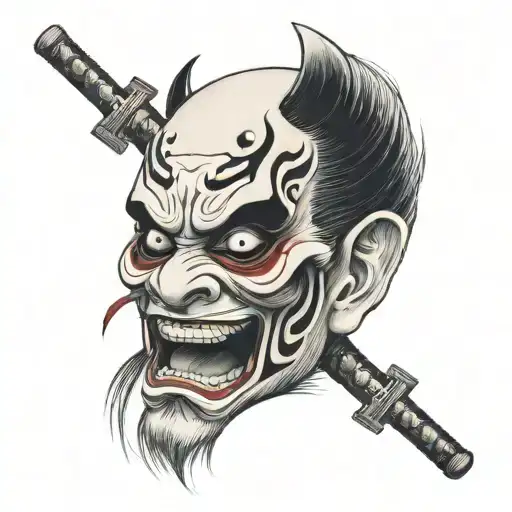 A Slightly Broken Kabuki Mask With A Ghost Coming Out Of His Right Eye