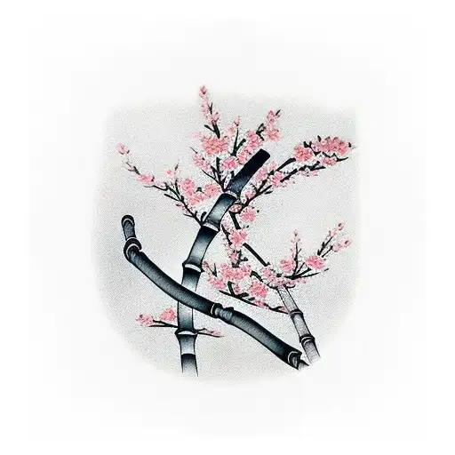 Cherry Blossom With Bamboo And Fish And Chef's Knife