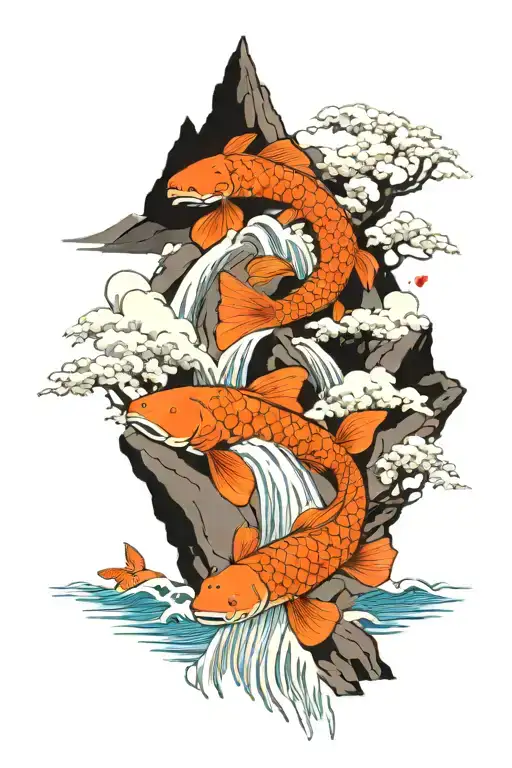 Mount Fuji With Waterfall And 3 Koi Fish Turn To Dragons