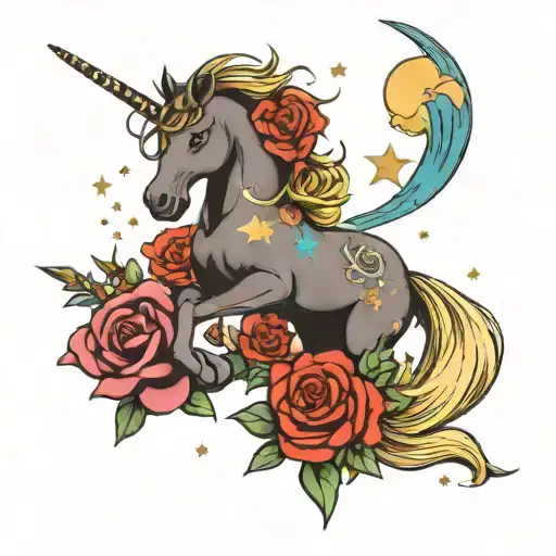 Unicorn And Stars And Moon And Compas Rose With Colors