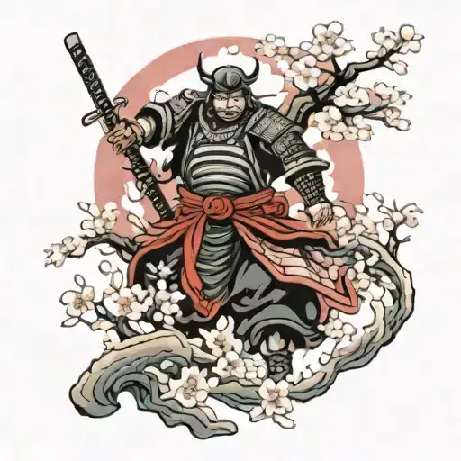 Cherry Blossom Tree And A Samurai Warrior