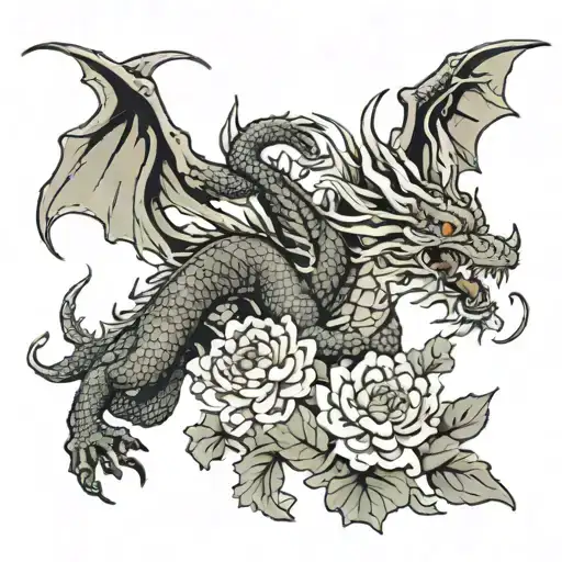 Dragon With Butterfly And Chrysanthemum Flower