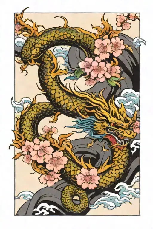 Cherry Blossoms And Japanese Dragon Flying
