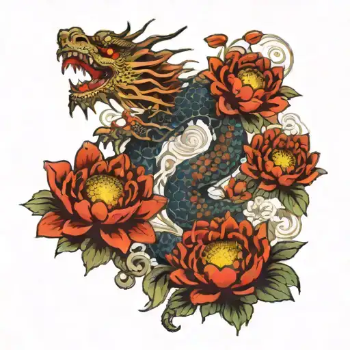 Dragon And Butterfly And Chrysanthemum Flower