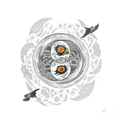 Crow With Multiple Sunflowers Wrapped Around Moon