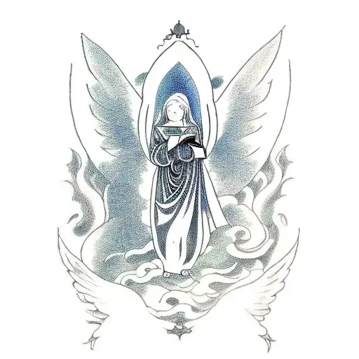 A Medieval-style Tattoo Of An Angel Surrounded By Swirling Dark Waves And Holding A Book Of Poetry