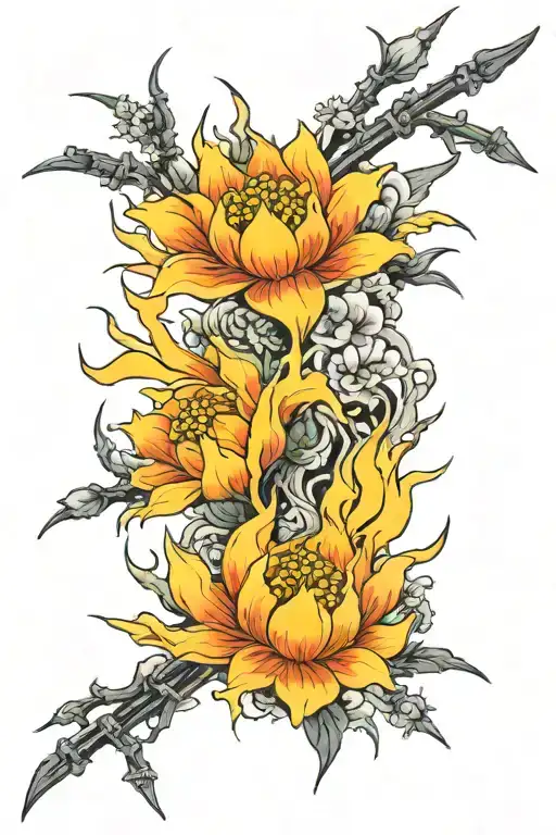 Barbed Fire With Blooming Flowers Going