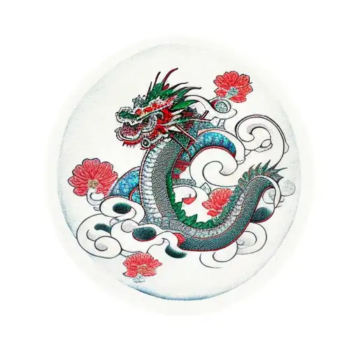 Japanese Dragon With A Floral Background