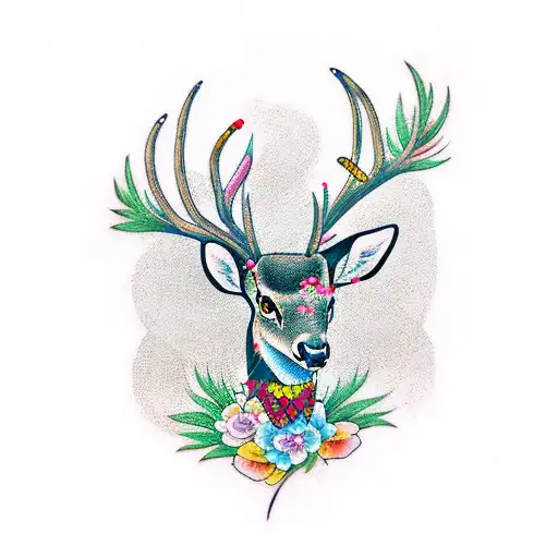 A Traditional Tattoo Of A Deer With Musical Instruments Incorporated Into Its Antlers