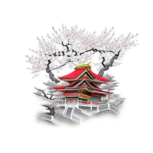 Cherry Blossom With Samurai And Lama House