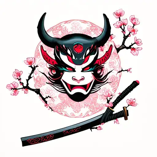 Sakura Tree Branch With Oni Mask Katana