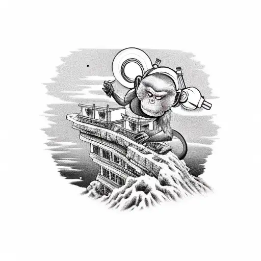 A Steampunk-inspired Monkey On A Cliff By The Sea Tending To A Bonsai Tree