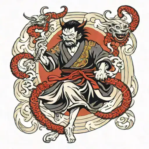 Samurai Holding Cerberus On A Chain