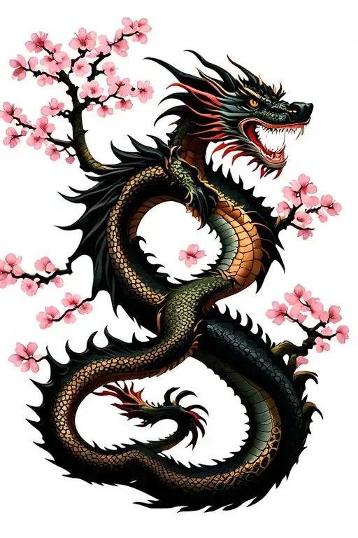 Cherry Blossom Tree And Dragon Flying