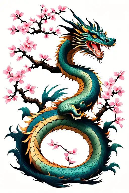 Cherry Blossom Tree And Dragon Flying