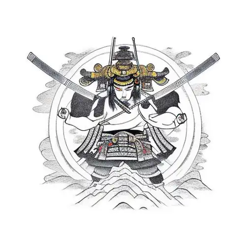 Samurai Facing A Mythical Creature In A Mountain Cave