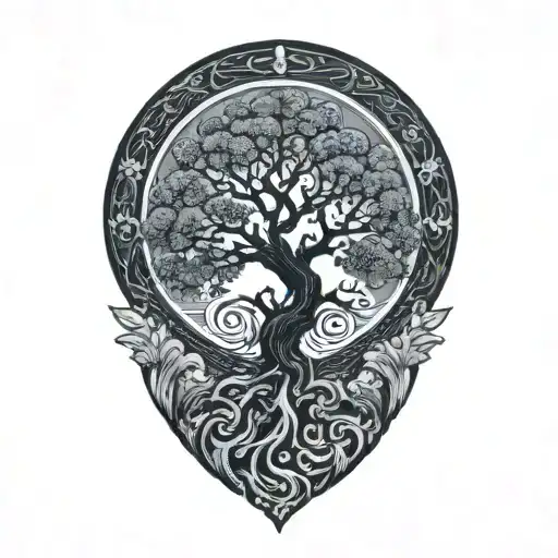 Tree Of Life With Japanese Sun In The Corner