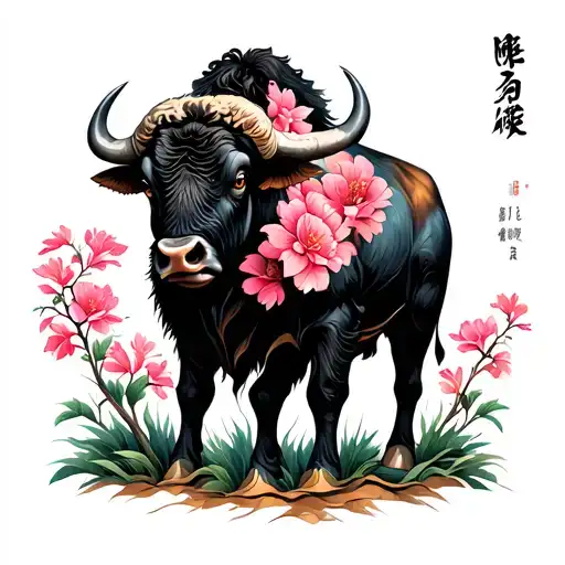 Asian Buffalo With Pink Flowers Growing