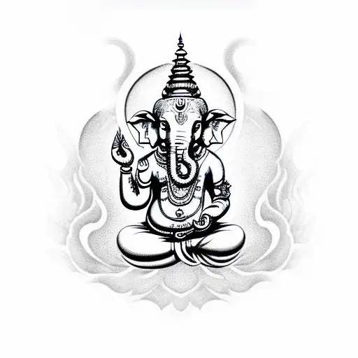 A Black And Grey Ganesh Meditating Surrounded By Swirling Psychedelic Patterns