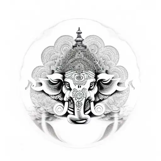 A Black And Grey Ganesh Meditating Surrounded Psychedelic Patterns With Psychadelic 3Rd Eye