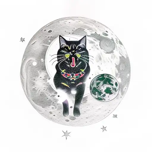 Black Cat Hanging Out On The Moon With Green Eyes And Stars Around