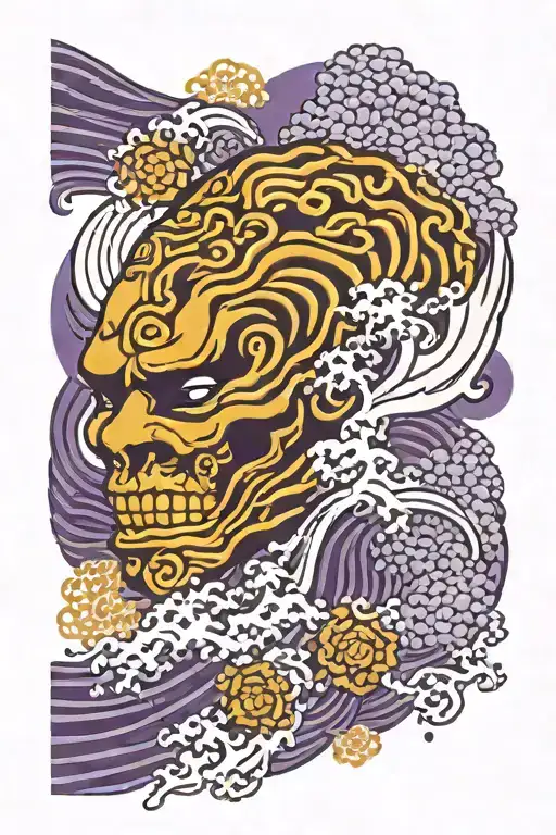 Purple And Gold Japanese Patterns As The Background With Brain Slices Going Up The Arm