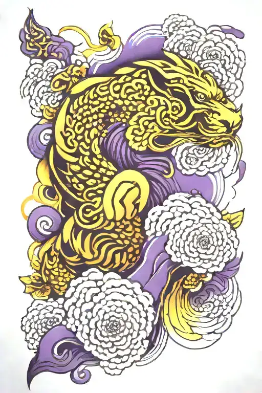 Purple And Gold Japanese Patterns As The Background With Brain Slices Going Up The Arm