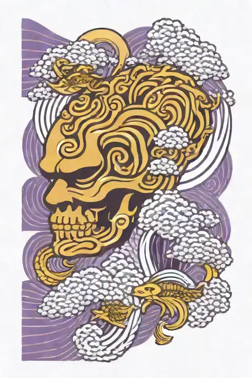 Purple And Gold Japanese Patterns As The Background With Brain Slices Going Up The Arm