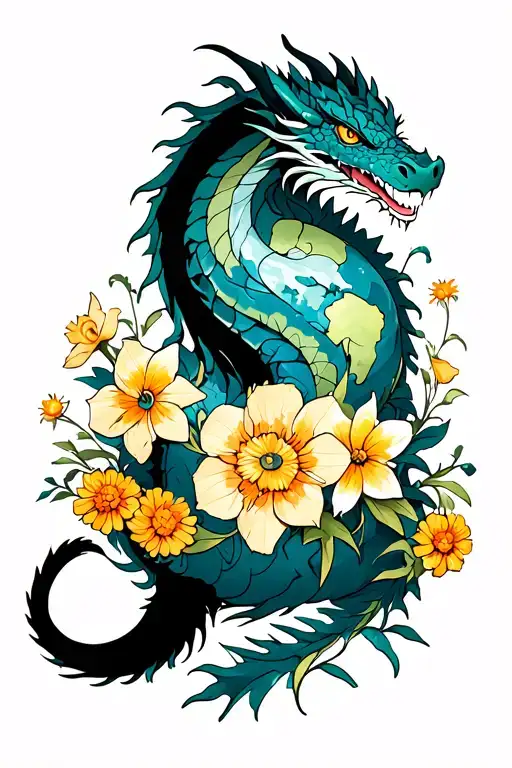 Earth Dragon With Daffodils And Marigold And Poppy And Aster And Chrysanthemum Around It