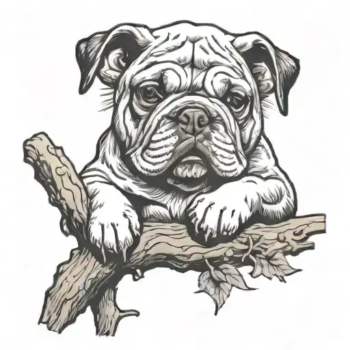 A Bulldog Puppy Sleeps On A Tree Branch