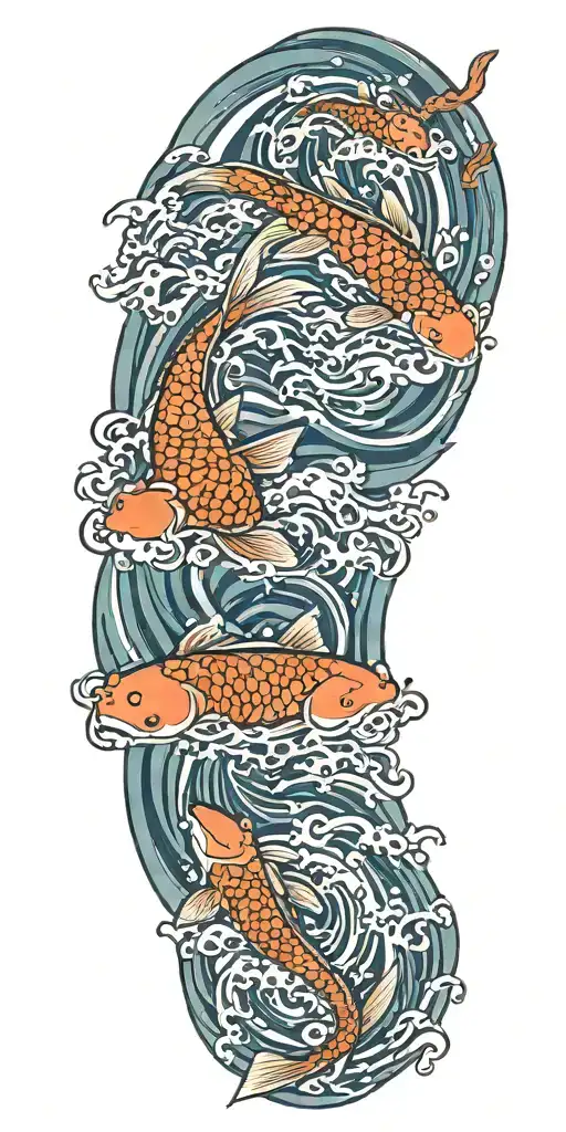 Koi Fish Swimming Up A Waterfall And Then Becoming A Dragon In Color