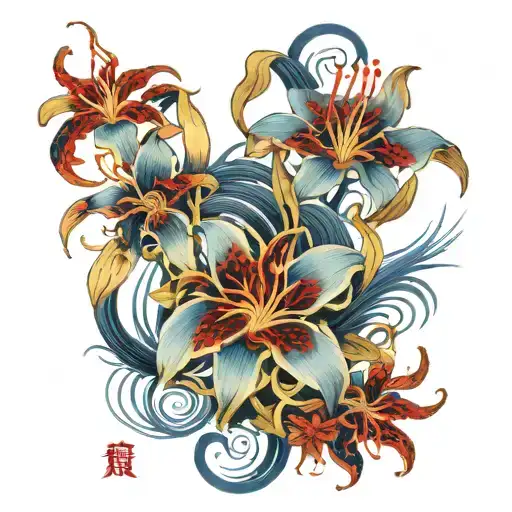 Two Spider Lilies Intertwined With One Red And The Other Blue