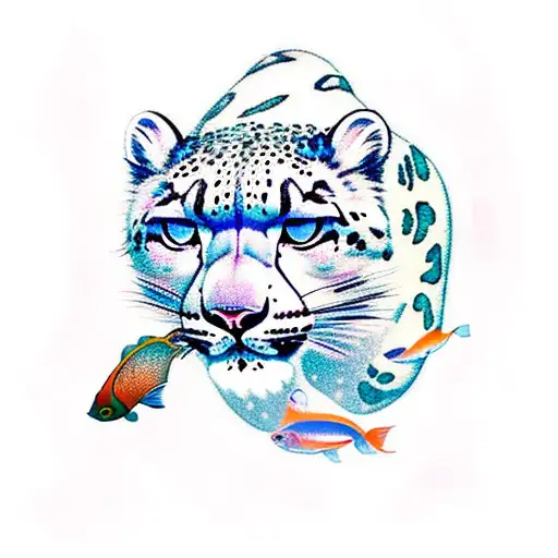 A Majestic Snow Leopard Gracefully Swimming Underwater Surrounded By Colorful Fish