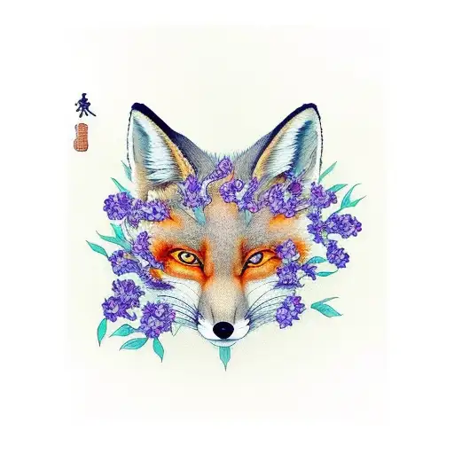 Kitsune Fox Full Body With Iris Flowers Around It