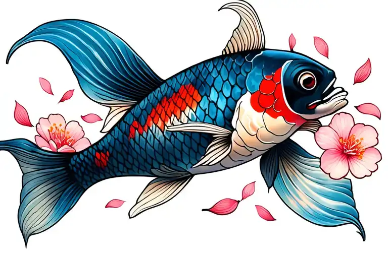 Koi Fish Swimming With Cherry Blossom Petals