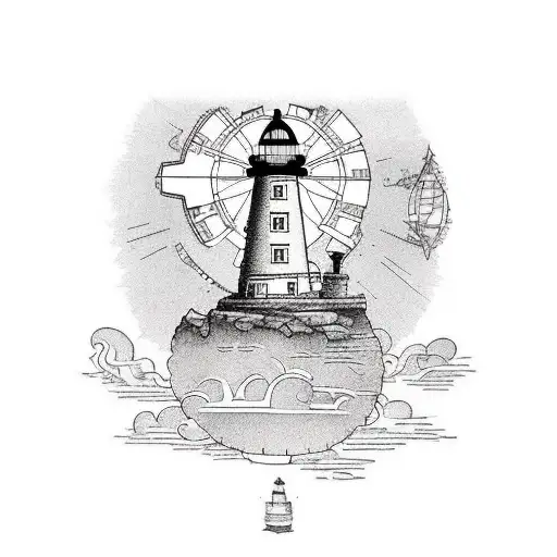 A Lighthouse On A Cliff With A Steampunk-inspired Zeppelin And A Map An Compass In The Background
