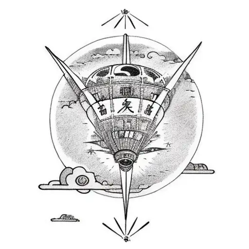 A Steampunk-inspired Zeppelin Above A Cliff By The Sea With A Compass In The Background