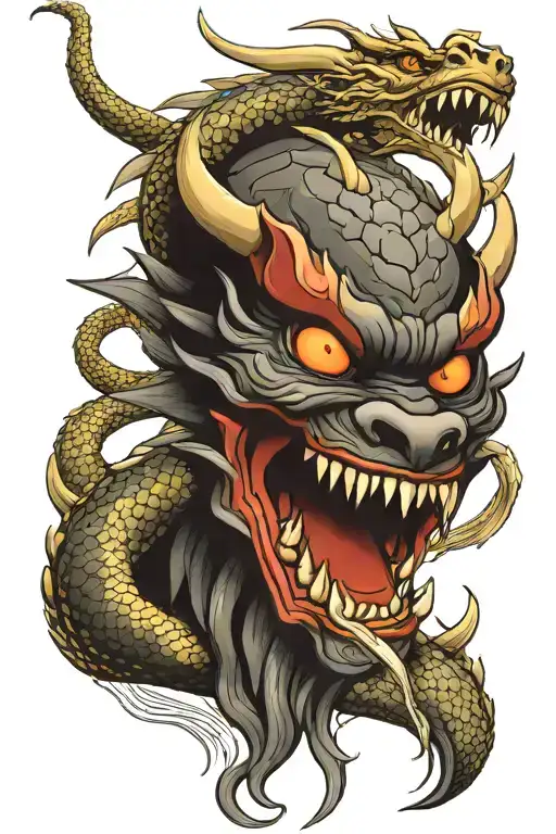 Dragon With Oni Mask With Snake