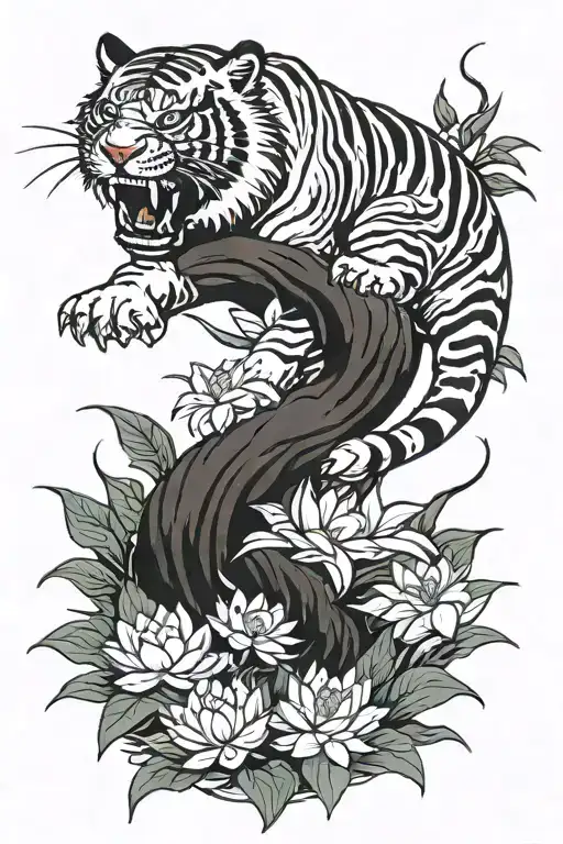Traditional Tiger Emerging From Water Lily Flowers In A Jungle Setting