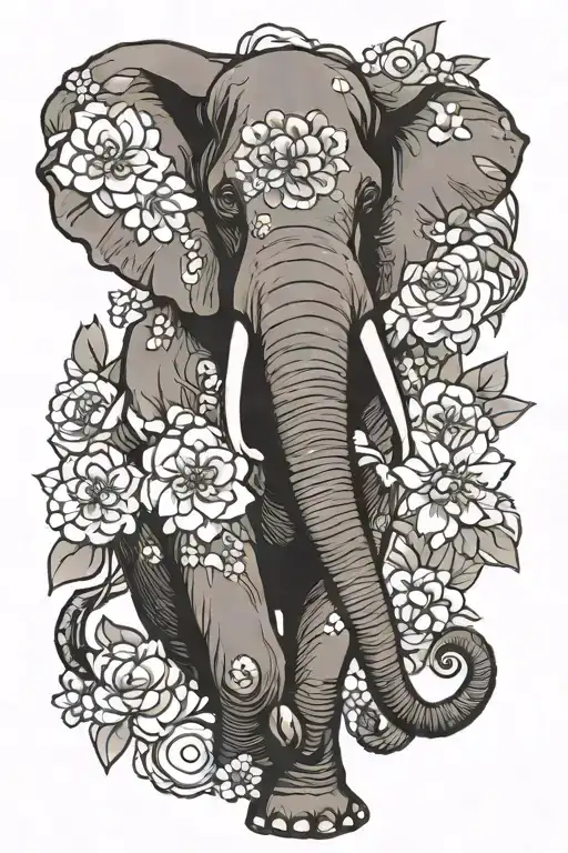 Elephant Head And Body Facing Forward With Large Flower Background